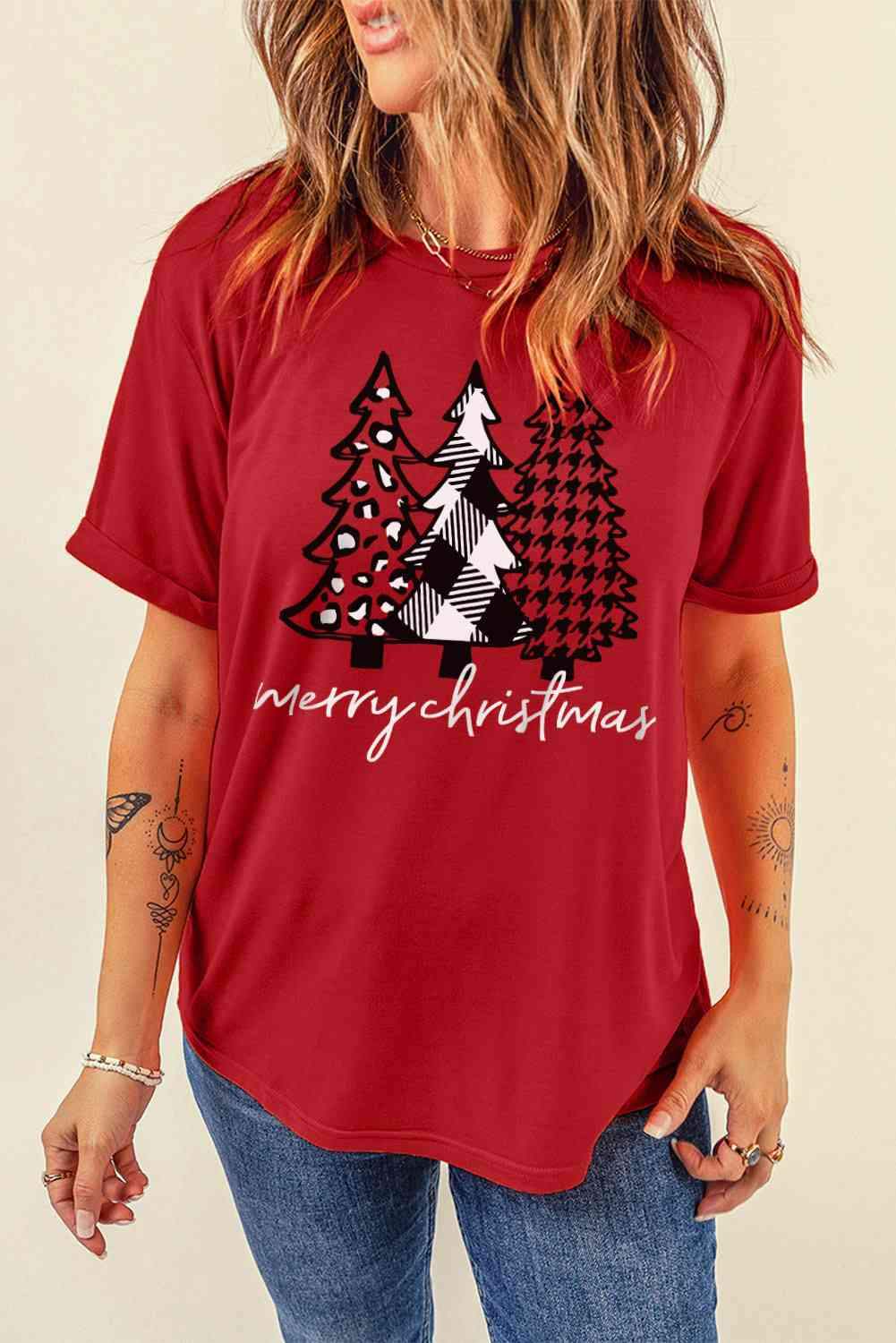 MERRY CHRISTMAS Graphic T-Shirt Deep Red Women's T-Shirts - Tophatter Daily Deals