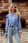 Ruffled Round Neck Long Sleeve Top Blouses - Tophatter Daily Deals