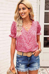 Printed Flounce Sleeve Plunge Blouse Blouses - Tophatter Daily Deals