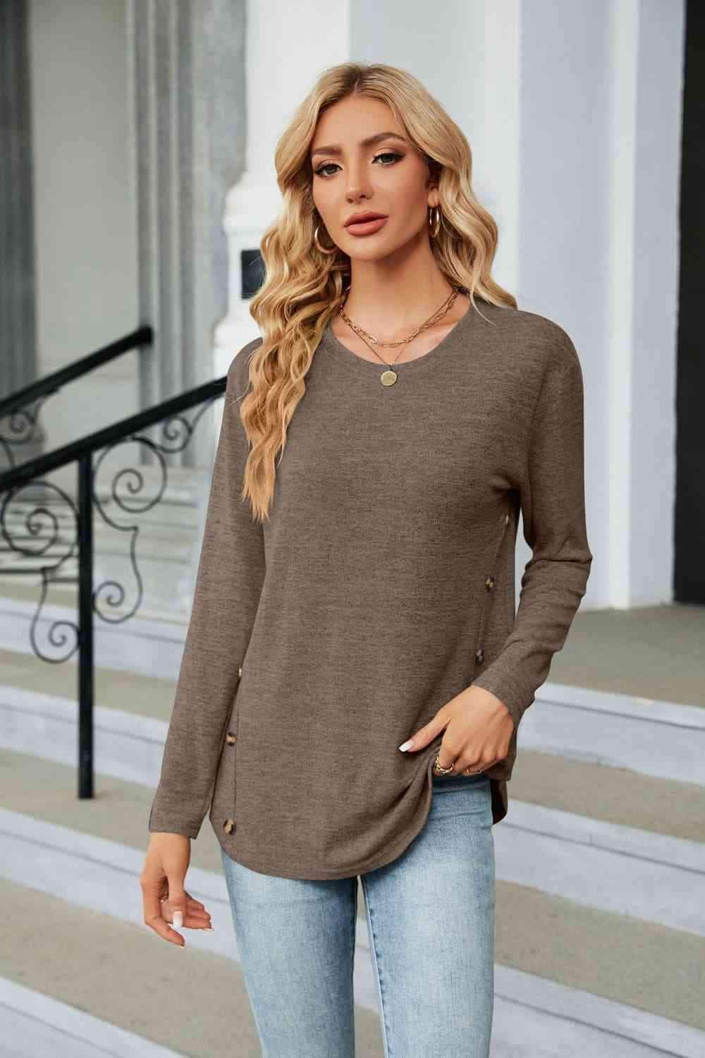 Round Neck Long Sleeve T-Shirt Coffee Brown Women's T-Shirts - Tophatter Daily Deals