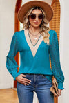 Openwork V-Neck Long Sleeve T-Shirt Teal Women's T-Shirts - Tophatter Daily Deals