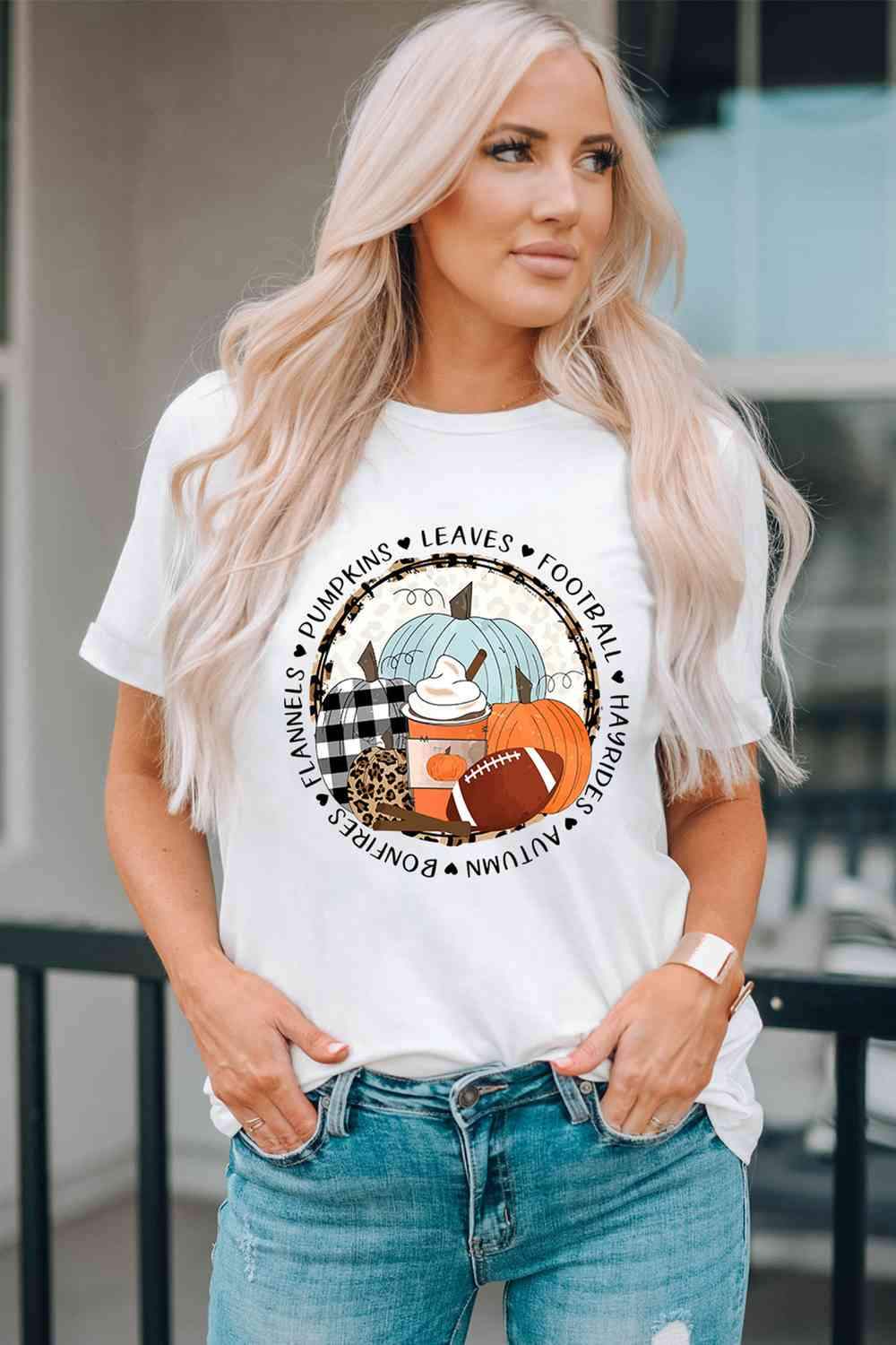 Pumpkin Graphic Round Neck Cuffed T-Shirt White Women's T-Shirts - Tophatter Daily Deals