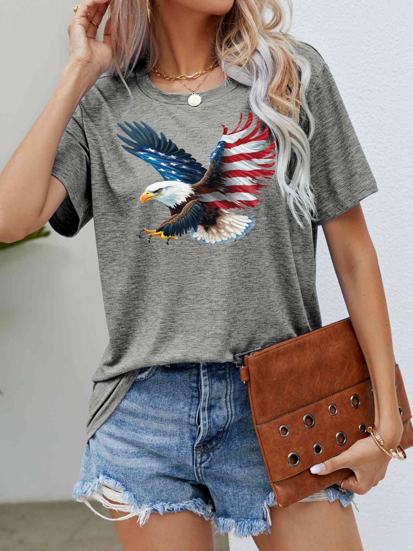 US Flag Eagle Graphic Tee Mid Gray Women's T-Shirts - Tophatter Daily Deals