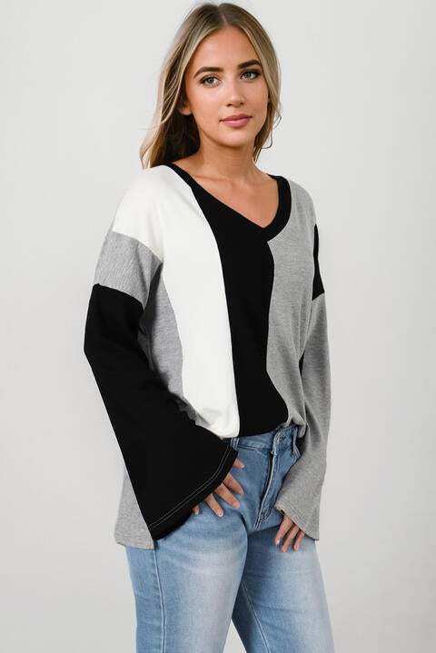 Color Block V-Neck Top Blouses - Tophatter Daily Deals