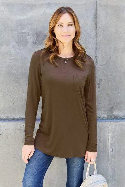 Basic Bae Full Size Round Neck Long Sleeve Top Chocolate Blouses - Tophatter Daily Deals