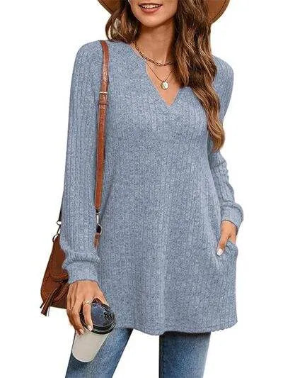 Slit Notched Pocketed Long Sleeve T-Shirt Dusty Blue Women's T-Shirts - Tophatter Daily Deals