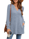 Slit Notched Pocketed Long Sleeve T-Shirt Dusty Blue Women's T-Shirts - Tophatter Daily Deals