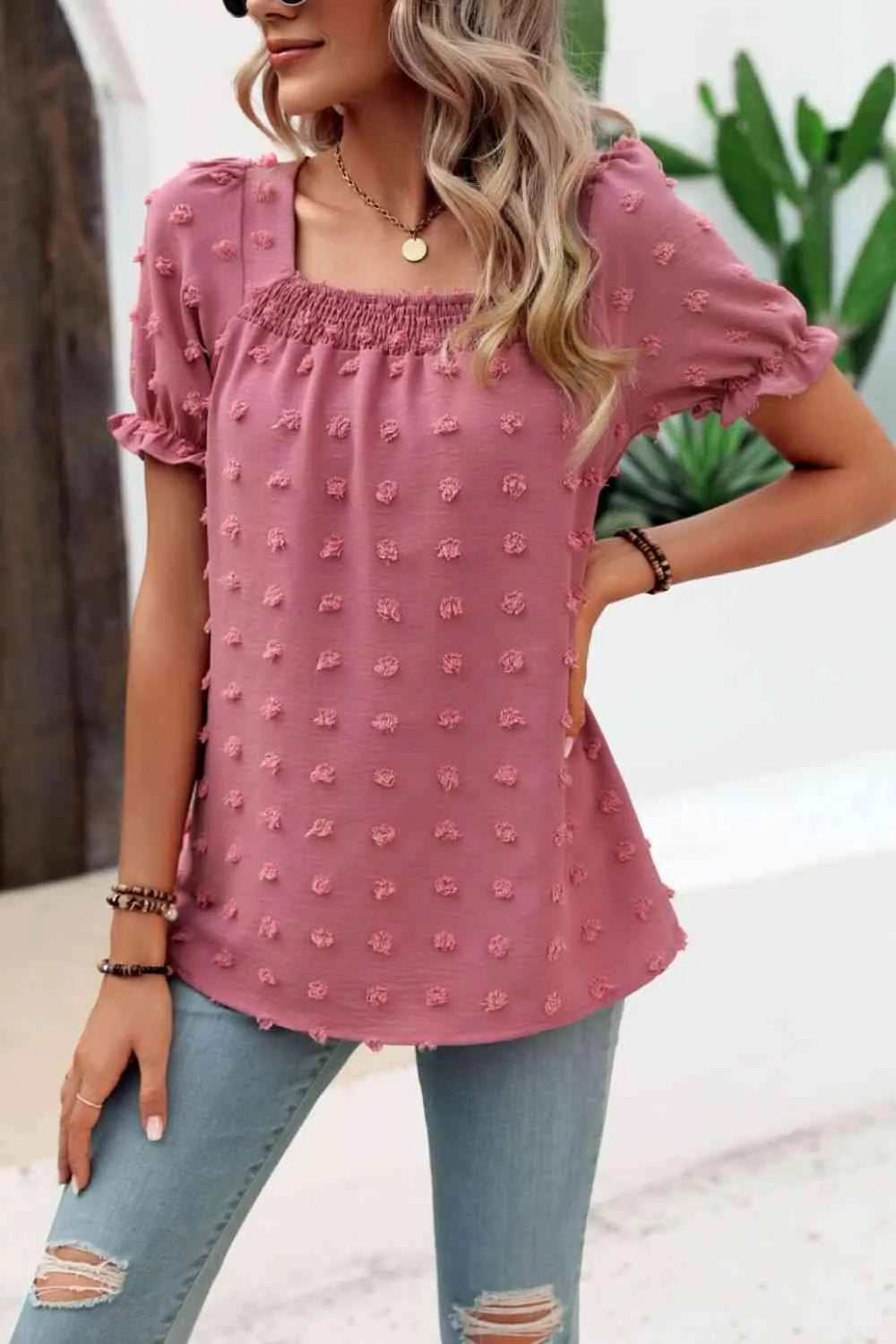 Swiss Dot Puff Sleeve Square Neck Blouse Blouses - Tophatter Daily Deals