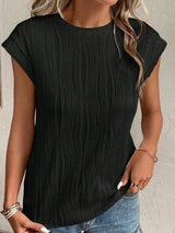 Textured Round Neck Cap Sleeve T-Shirt Black Women's T-Shirts - Tophatter Daily Deals