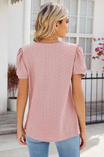 Eyelet Puff Sleeve T-Shirt Women's T-Shirts - Tophatter Daily Deals