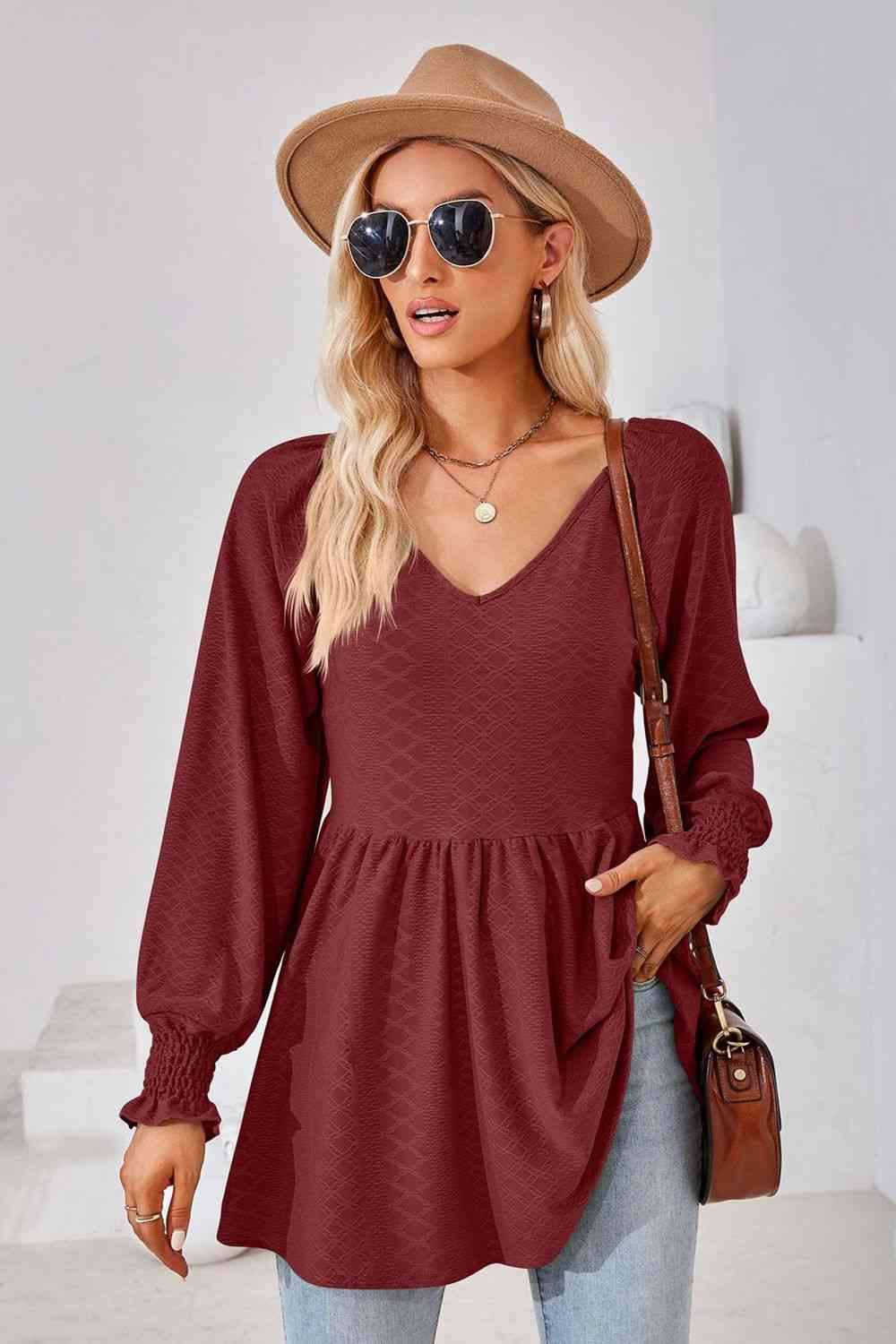 V-Neck Lantern Sleeve Blouse Wine Blouses - Tophatter Daily Deals