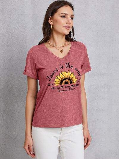 Sunflower V-Neck Short Sleeve T-Shirt Light Mauve Women's T-Shirts - Tophatter Daily Deals