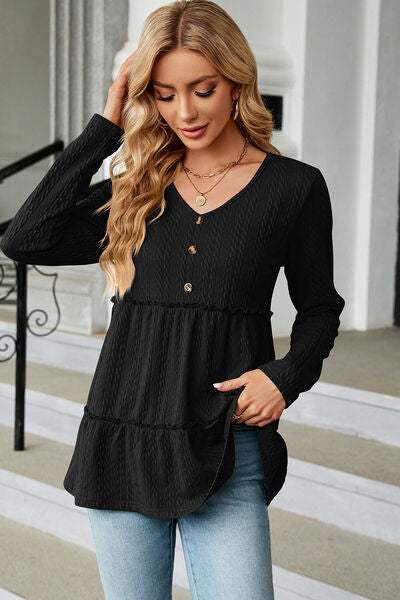 Frill V-Neck Long Sleeve T-Shirt Women's T-Shirts - Tophatter Daily Deals