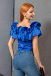 Cropped Ruffle Boat Neck Short Sleeve Blouse Blouses - Tophatter Daily Deals