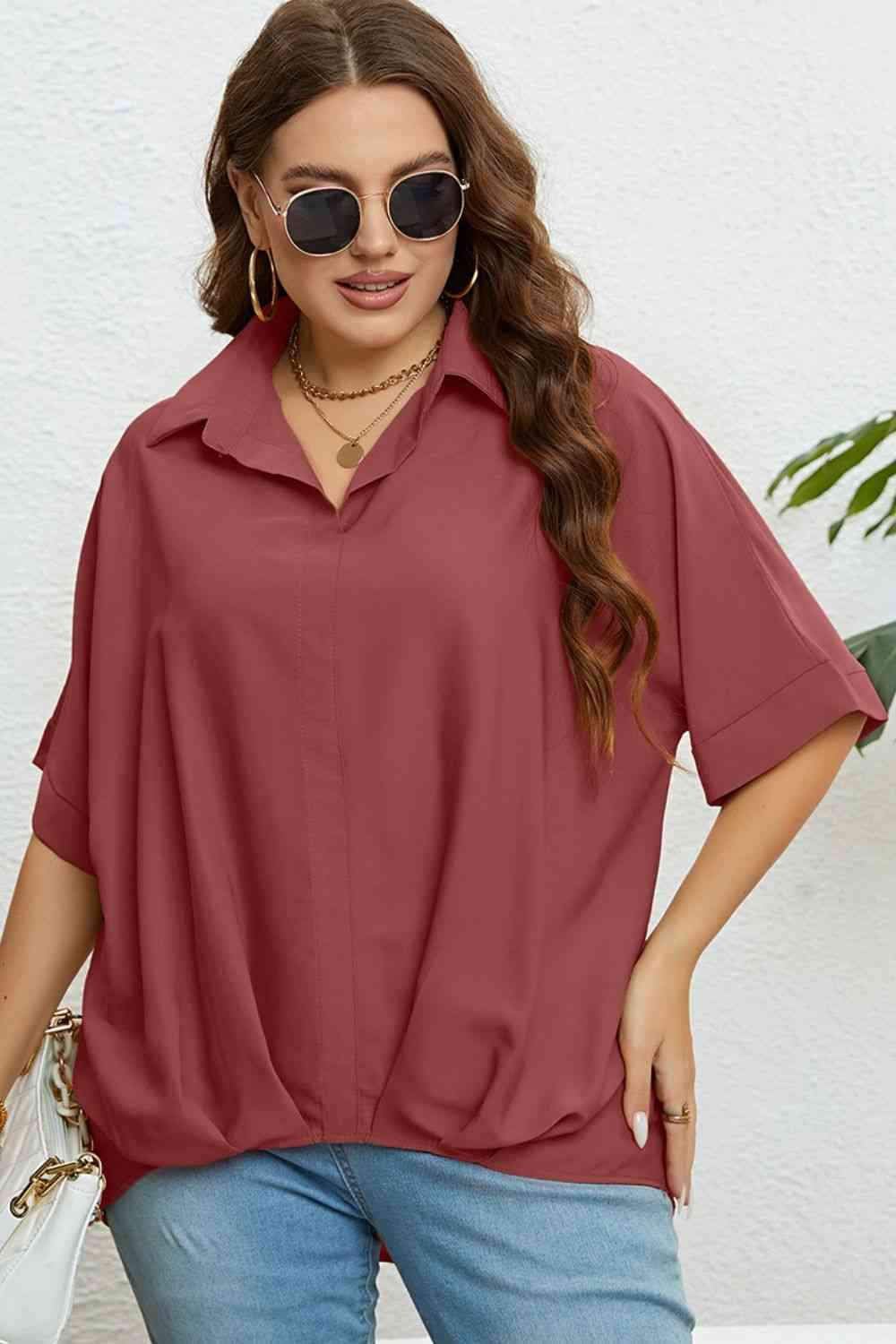 Plus Size Collared Half Sleeve Hem Detail Top Blouses - Tophatter Daily Deals