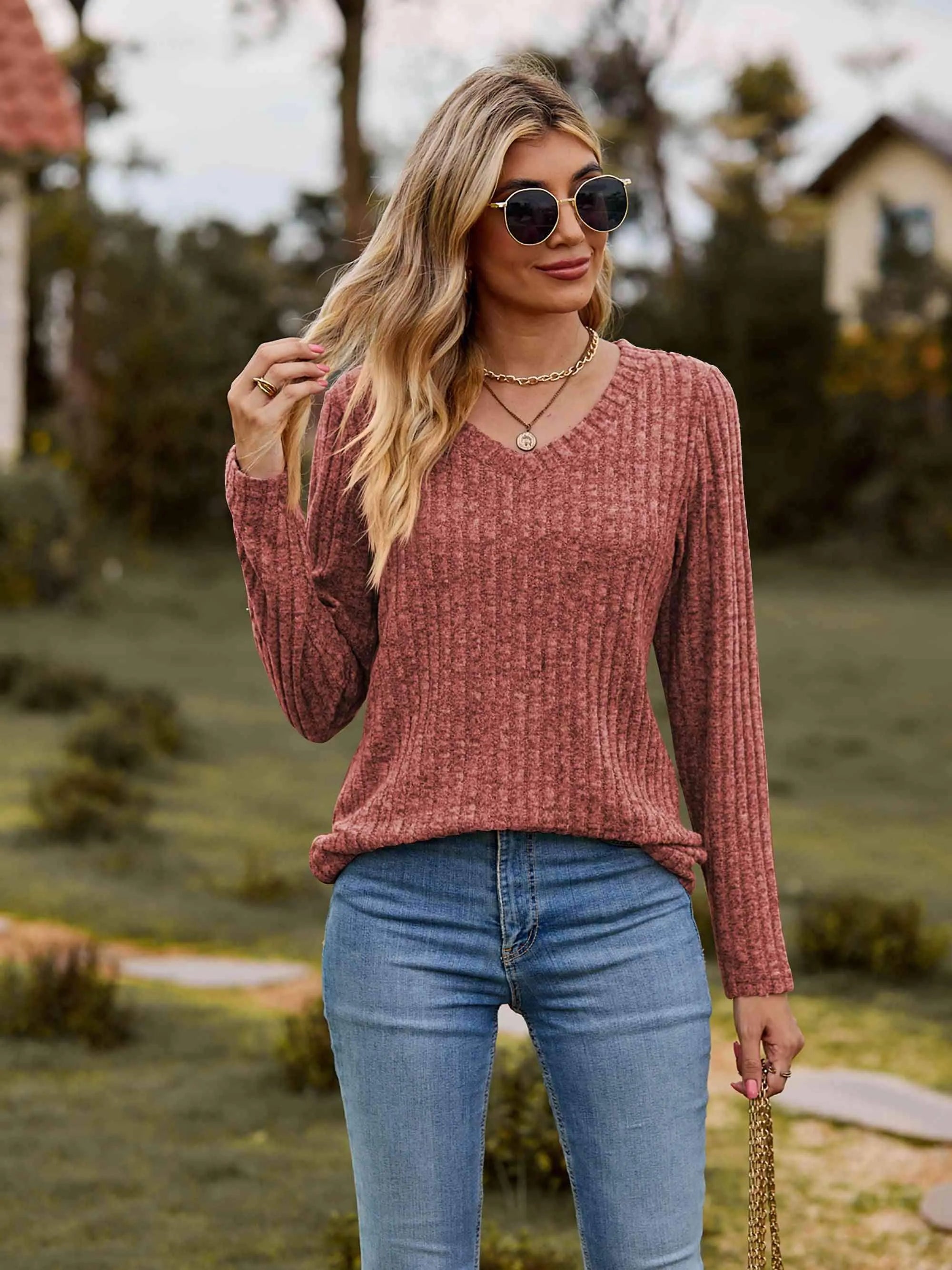 Ribbed V-Neck Long Sleeve Tee Women's T-Shirts - Tophatter Daily Deals