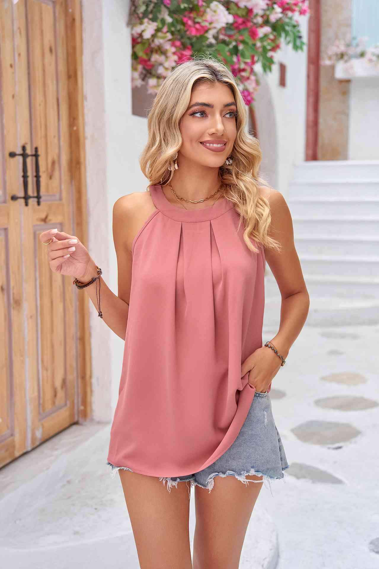 Grecian Neck Sleeveless Top Coral Blouses - Tophatter Daily Deals