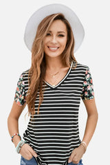 Floral Sleeves Striped T-shirt Women's T-Shirts - Tophatter Daily Deals