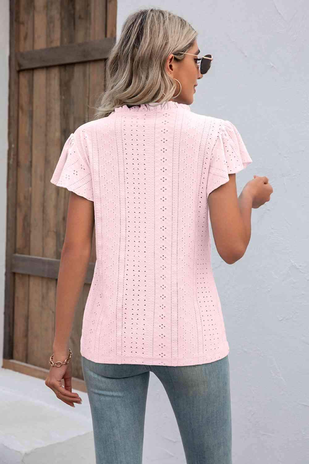 Eyelet Notched Neck Flutter Sleeve Top Women's T-Shirts - Tophatter Daily Deals