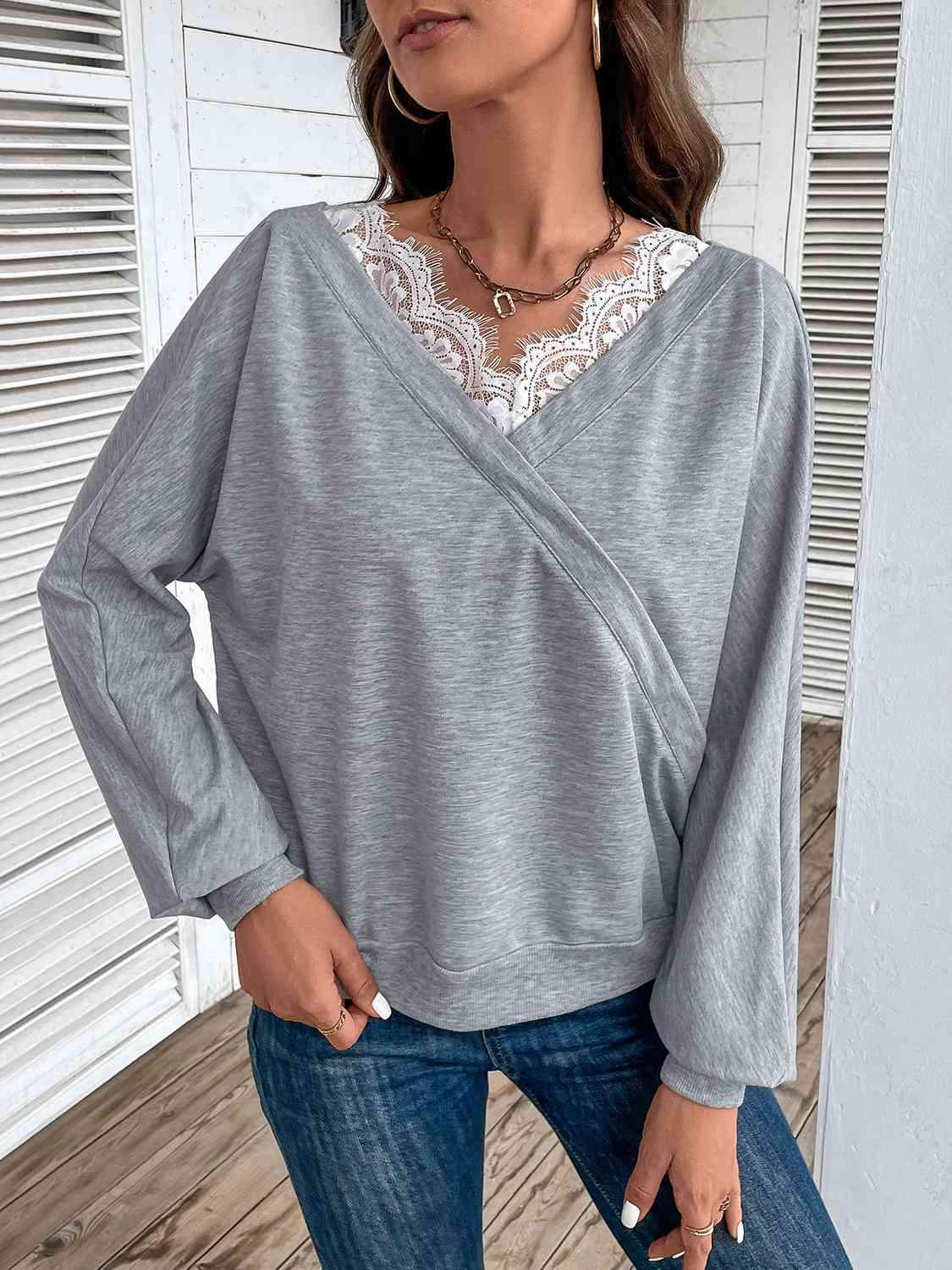 Lace Detail Long Sleeve Top Cloudy Blue Blouses - Tophatter Daily Deals