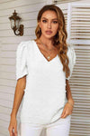 Swiss Dot V-Neck Puff Sleeve Blouse White Blouses - Tophatter Daily Deals