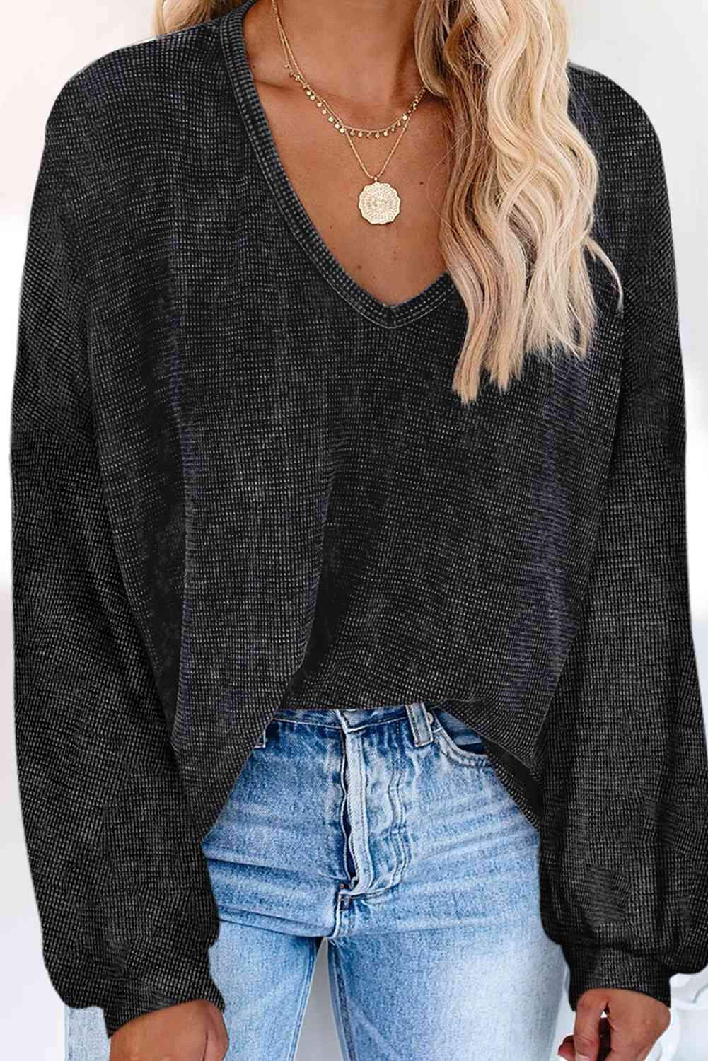 V-Neck Long Sleeve Top Black Blouses - Tophatter Daily Deals