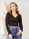 Half Snap Long Sleeve Crop Top Women's T-Shirts - Tophatter Daily Deals