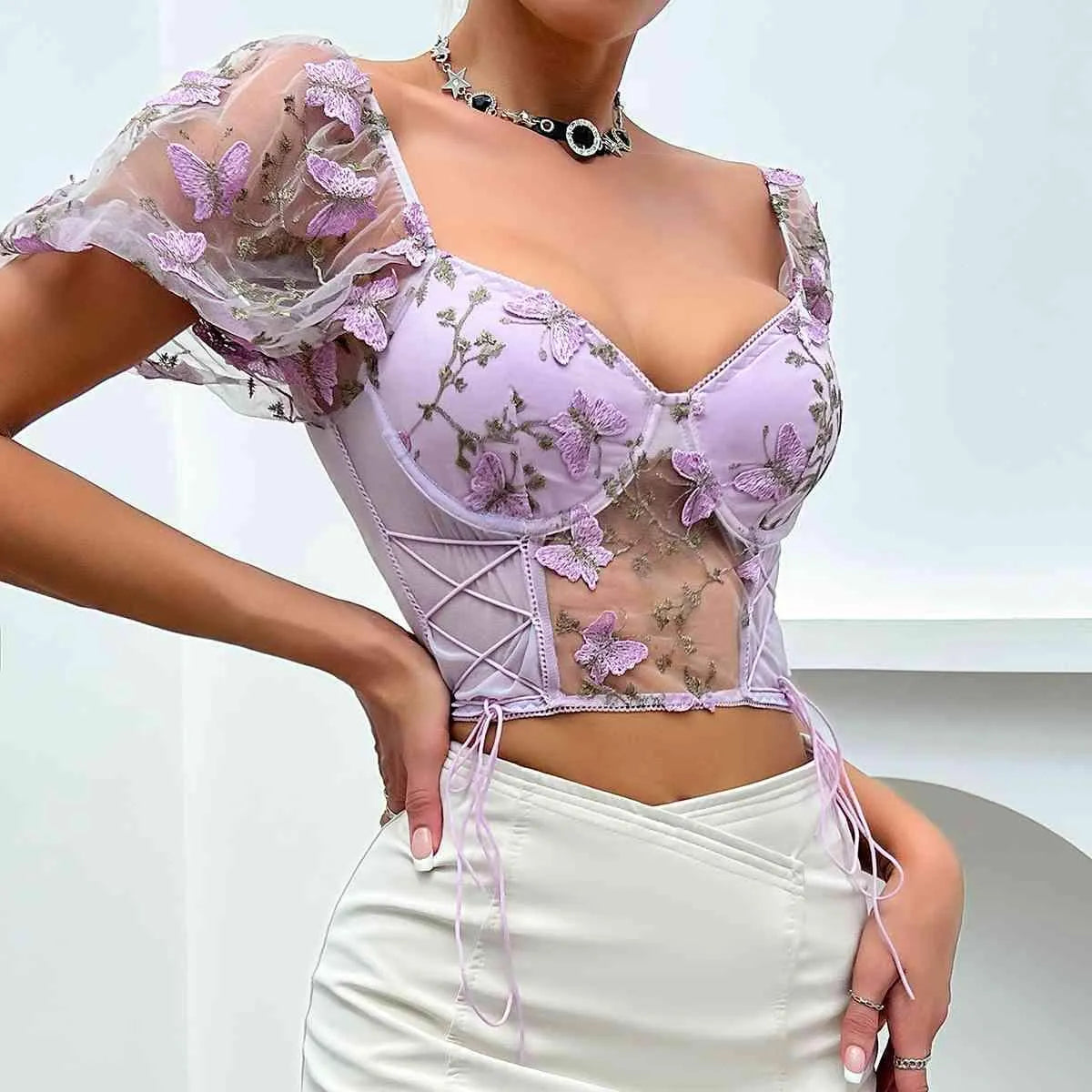Embroidery Sweetheart Neck Short Sleeve Lace Trim Blouse Blouses - Tophatter Daily Deals