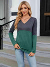 V-Neck Long Sleeve Two-Tone T-Shirt Women's T-Shirts - Tophatter Daily Deals