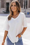 Waffle-Knit V-Neck Dropped Shoulder Blouse White Blouses - Tophatter Daily Deals