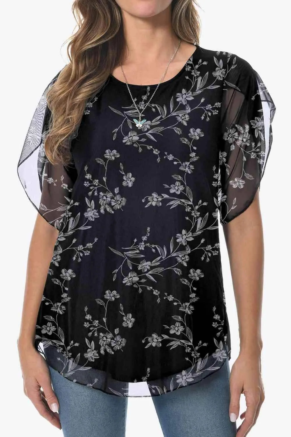 Printed Round Neck Curved Hem Blouse Black Floral Blouses - Tophatter Daily Deals