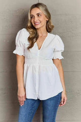 Culture Code Sweet Serenity Full Size V-Neck Puff Sleeve Button Down Top Blouses - Tophatter Daily Deals