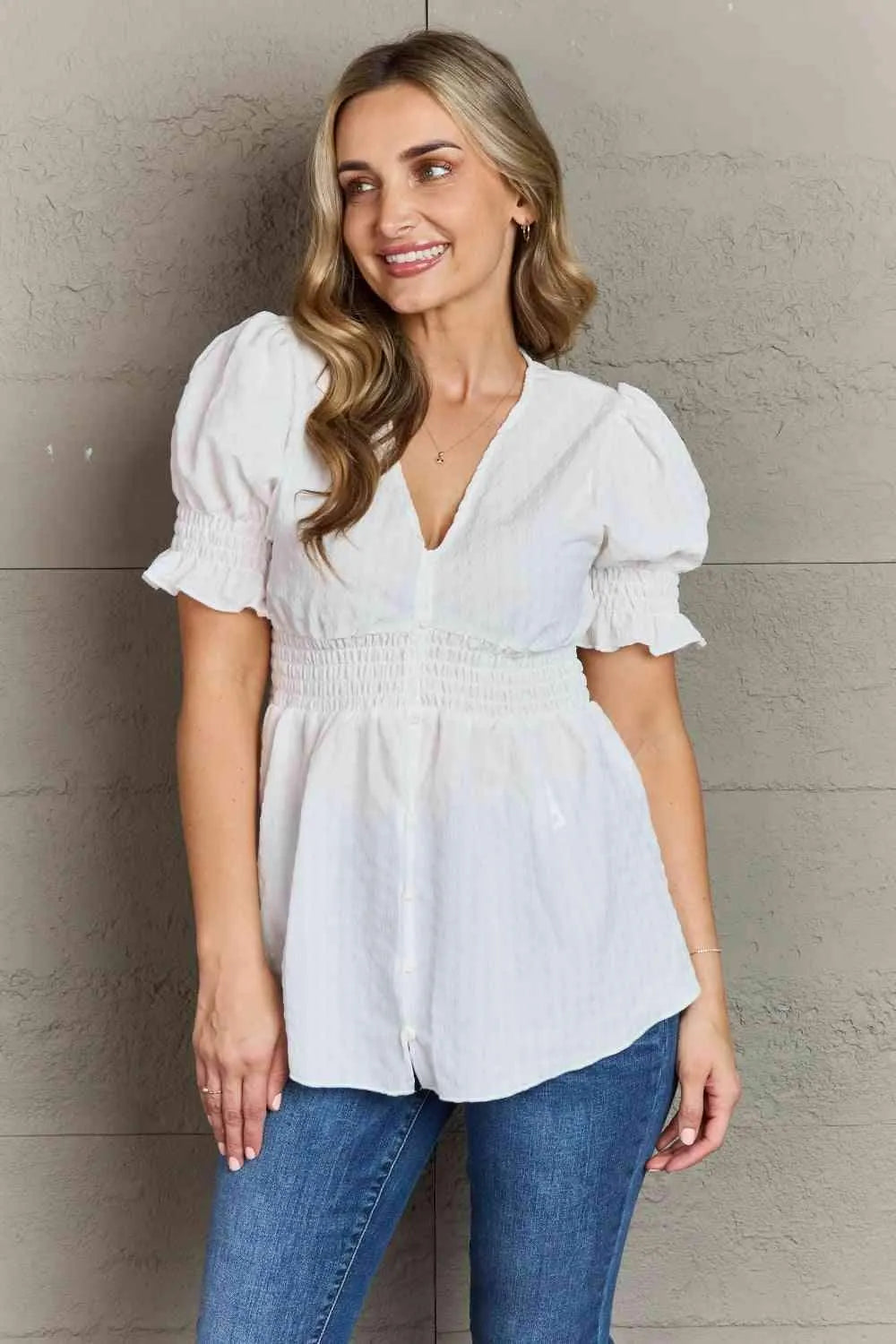 Culture Code Sweet Serenity Full Size V-Neck Puff Sleeve Button Down Top Blouses - Tophatter Daily Deals