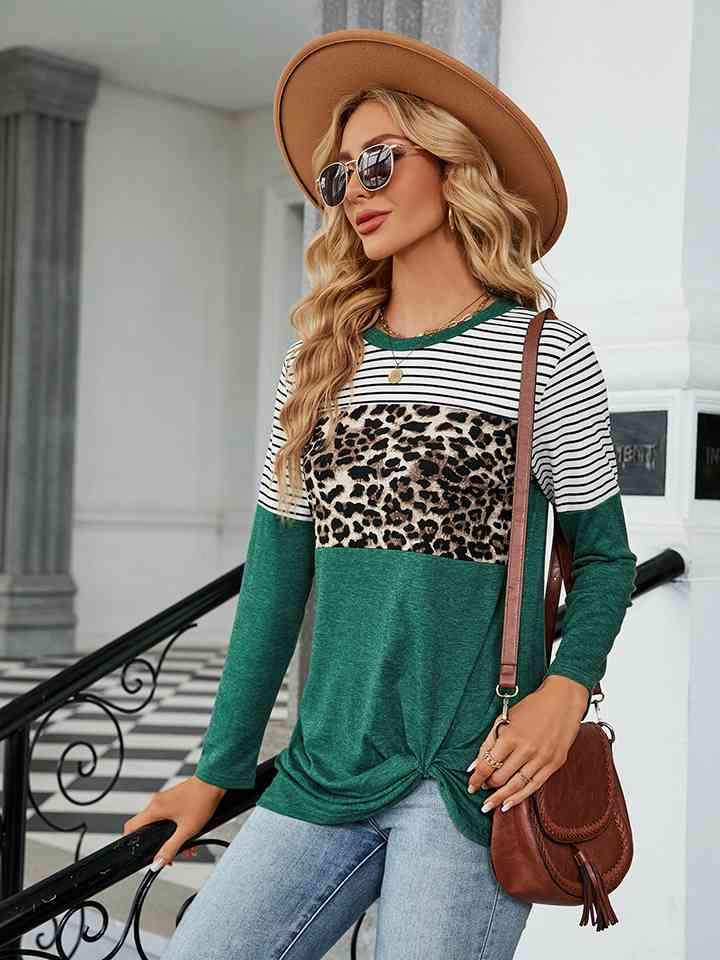 Color Block Round Neck Long Sleeve Blouse Blouses - Tophatter Daily Deals