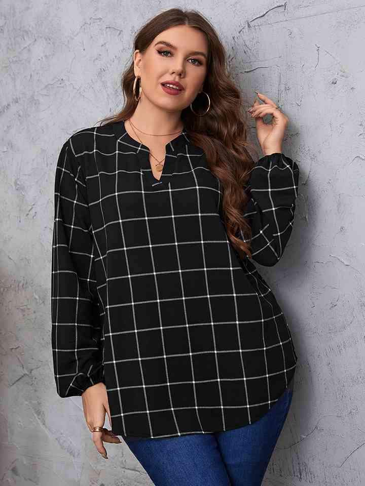 Plus Size Notched Neck Long Sleeve Blouse Black Blouses - Tophatter Daily Deals