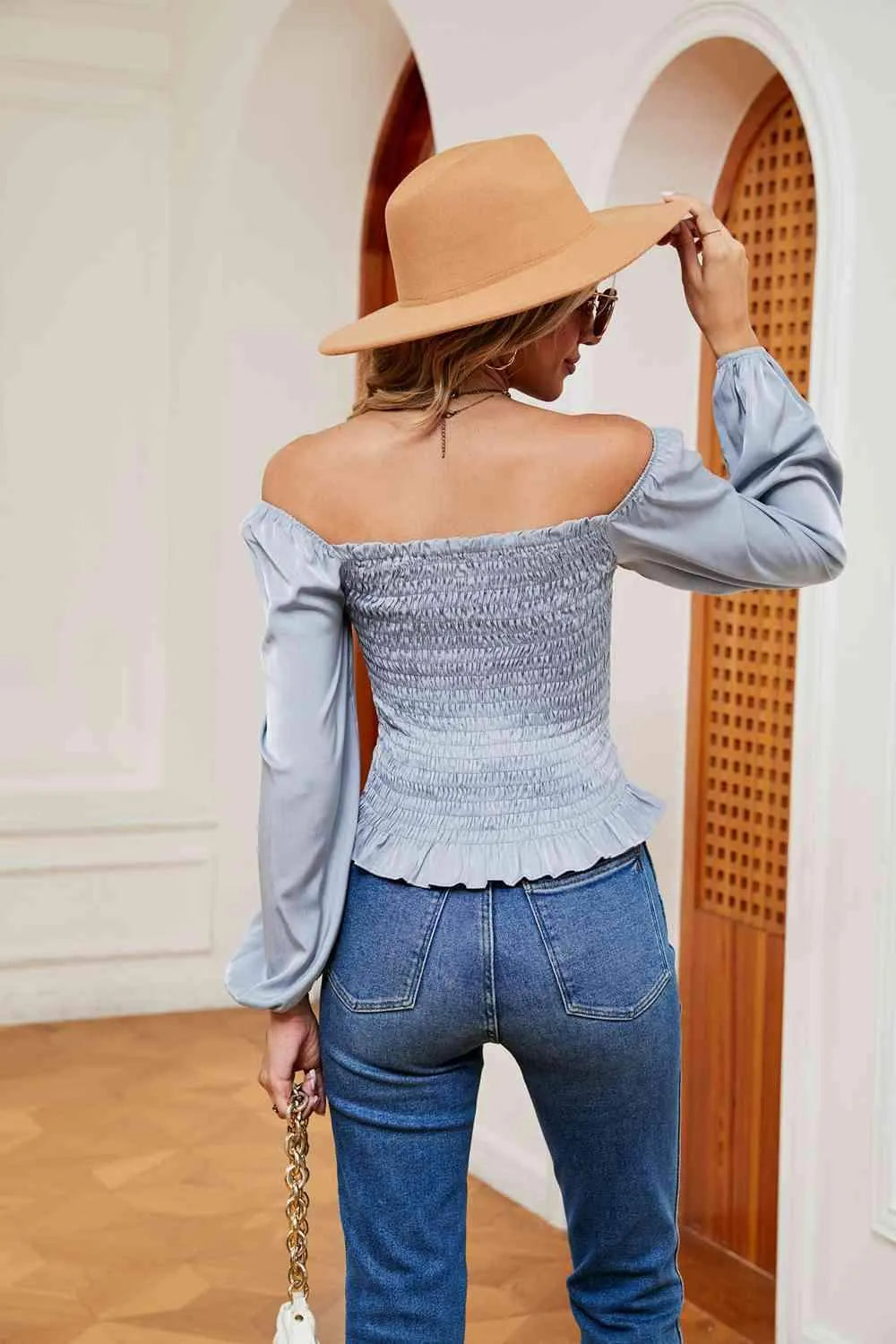 Smocked Off-Shoulder Ruffle Hem Blouse Blouses - Tophatter Daily Deals