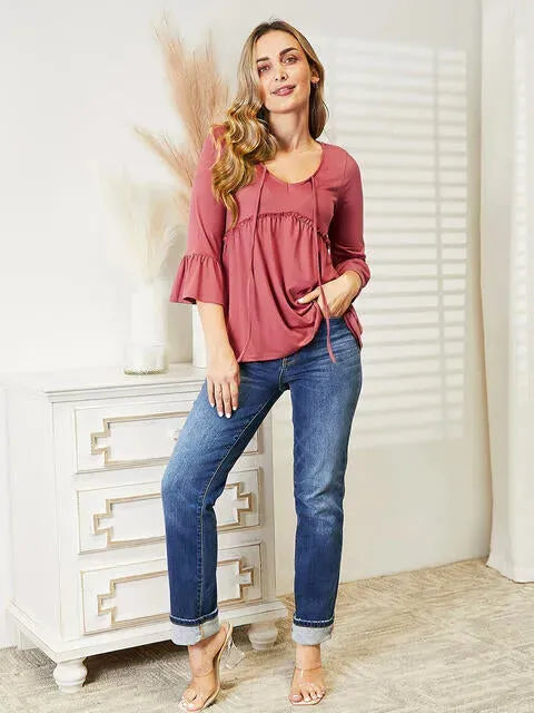 Ninexis Flounce Sleeve Full Size Babydoll Blouse Blouses - Tophatter Daily Deals