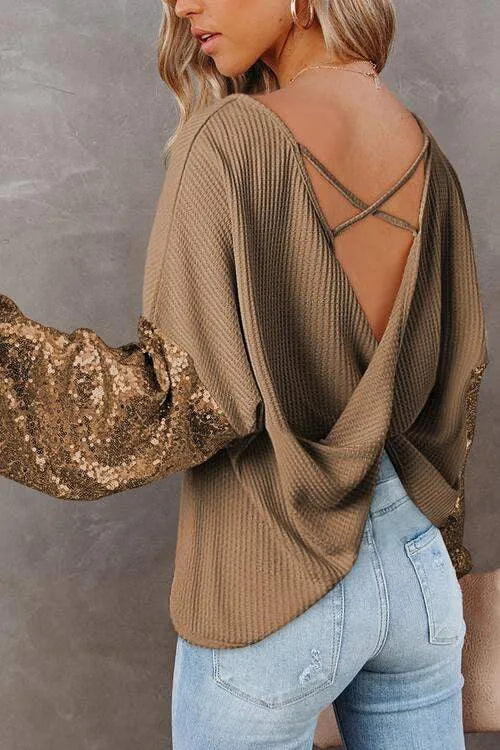 Sequin Waffle-Knit Blouse Blouses - Tophatter Daily Deals