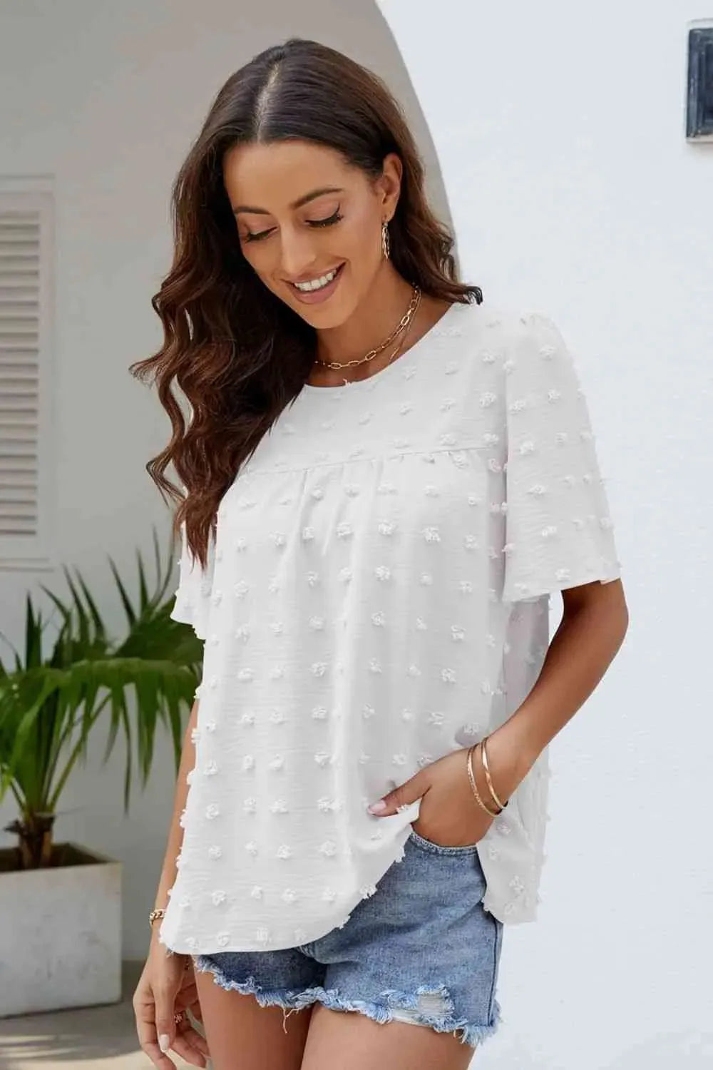 Swiss Dot Puff Sleeve Round Neck Blouse Blouses - Tophatter Daily Deals