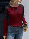 Contrast Buttoned Round Neck Raglan Sleeve Top Wine Women's T-Shirts - Tophatter Daily Deals