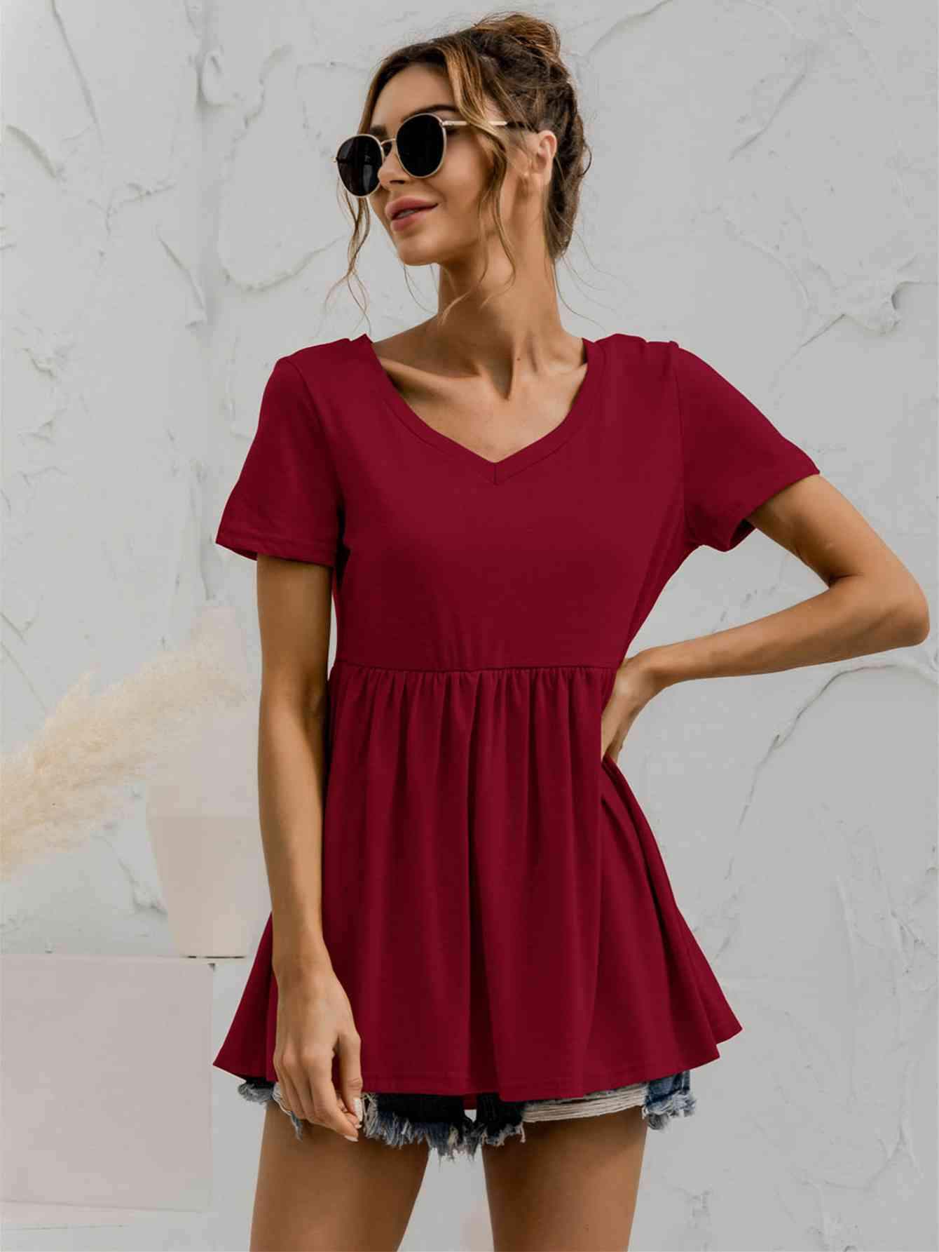 V-Neck Short Sleeve Babydoll Top Blouses - Tophatter Daily Deals