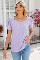 Eyelet Puff Sleeve T-Shirt Women's T-Shirts - Tophatter Daily Deals