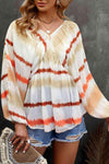 Striped Balloon Sleeve V-Neck Babydoll Blouse Khaki Blouses - Tophatter Daily Deals