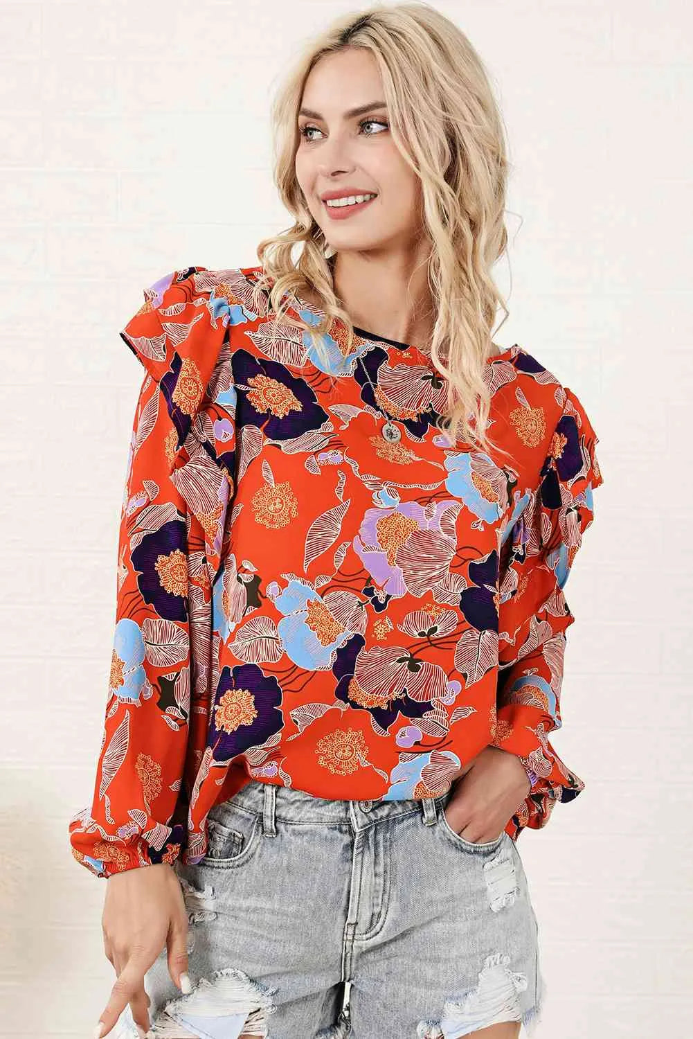 Floral Print Ruffle Puff Sleeve Blouse Blouses - Tophatter Daily Deals