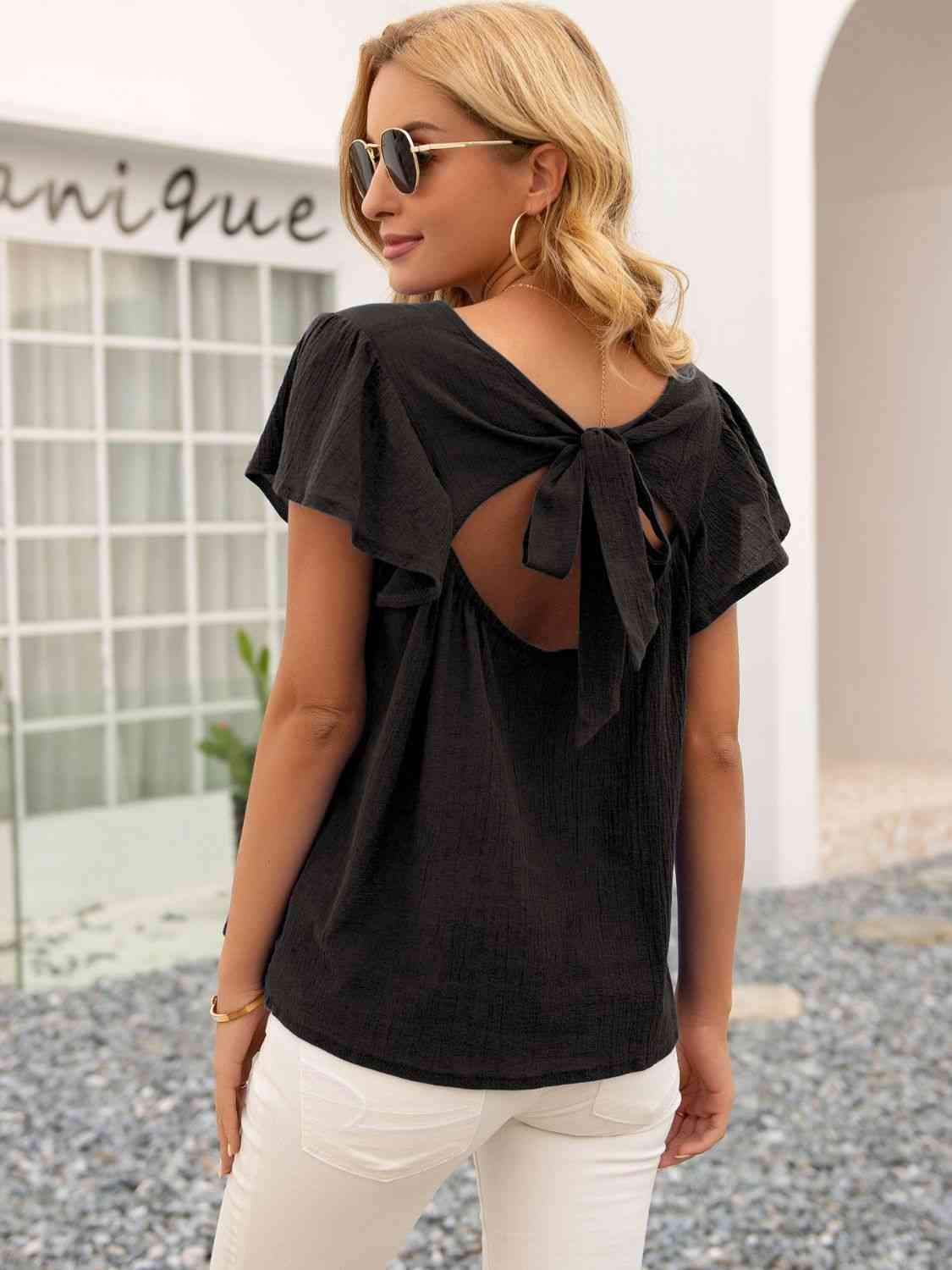 Round Neck Cutout Tie Back Top Black Blouses - Tophatter Daily Deals