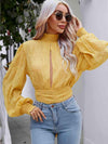 Swiss Dot Cutout Smocked Mock Neck Blouse Banana Yellow Blouses - Tophatter Daily Deals