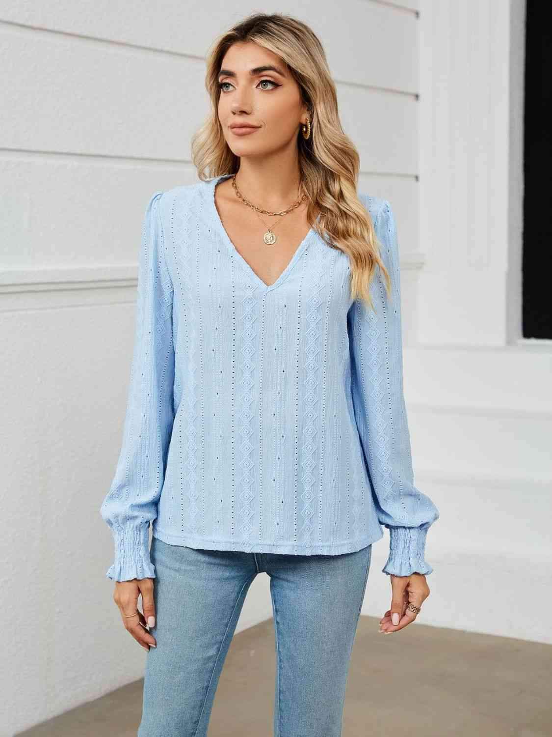 V-Neck Puff Sleeve Blouse Misty Blue Blouses - Tophatter Daily Deals