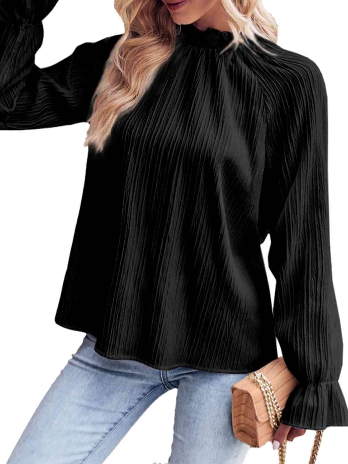 Ribbed Flounce Sleeve Blouse Blouses - Tophatter Daily Deals