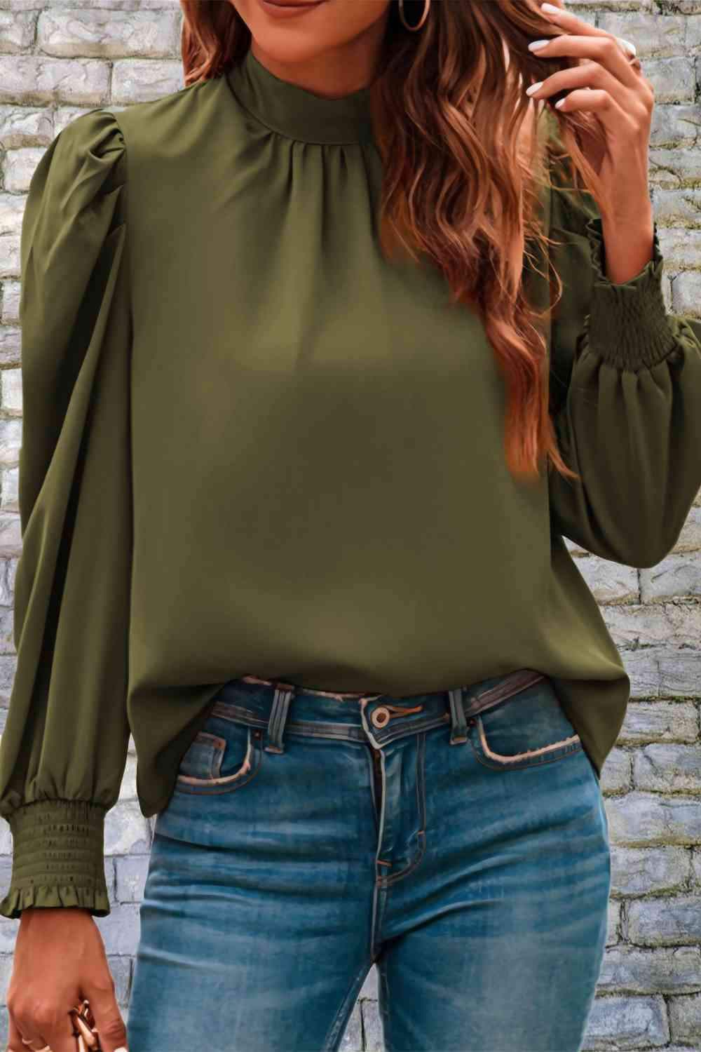 Mock Neck Puff Sleeve Blouse Moss Blouses - Tophatter Daily Deals