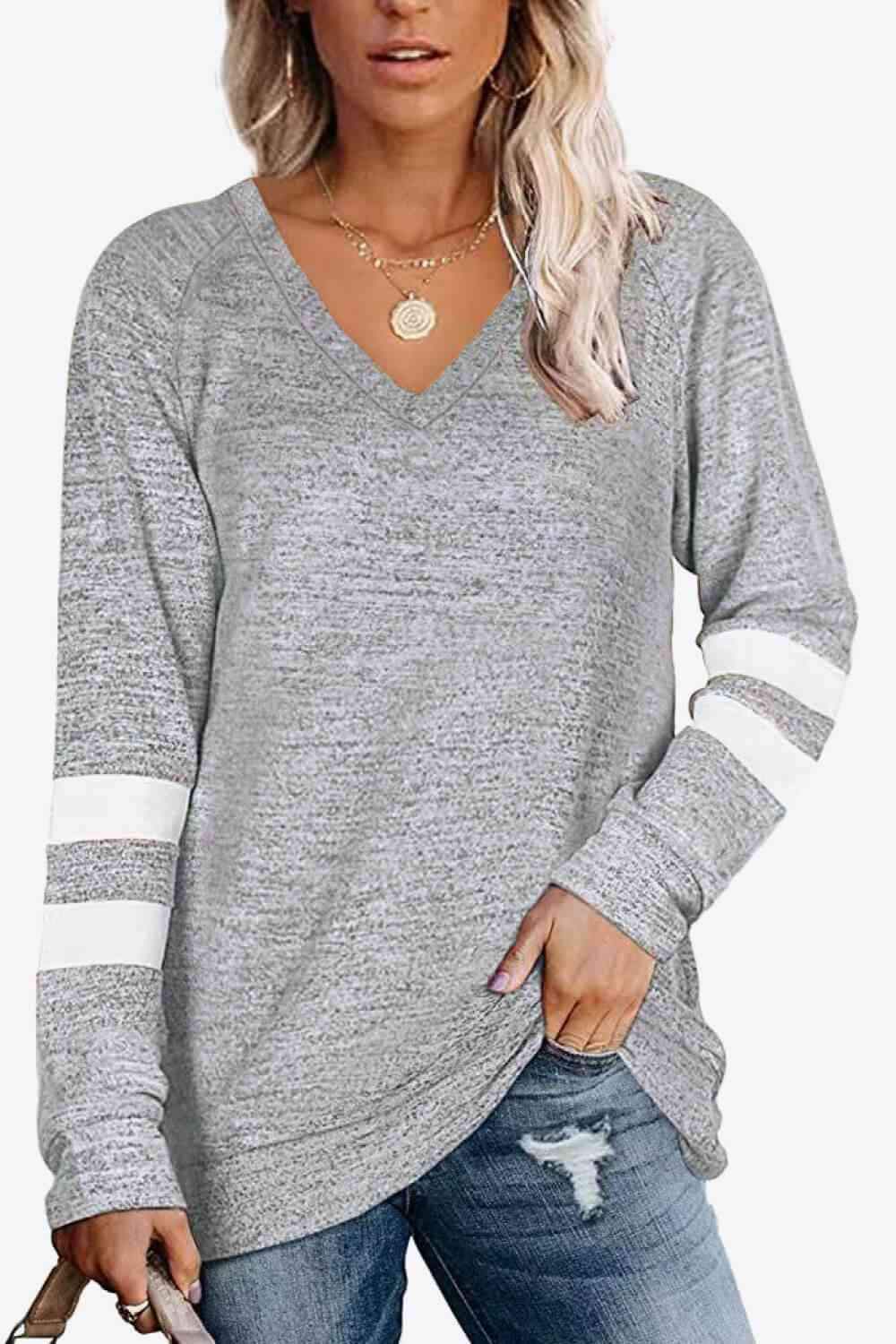 Striped Contrast Raglan Sleeve Top Light Gray Women's T-Shirts - Tophatter Daily Deals